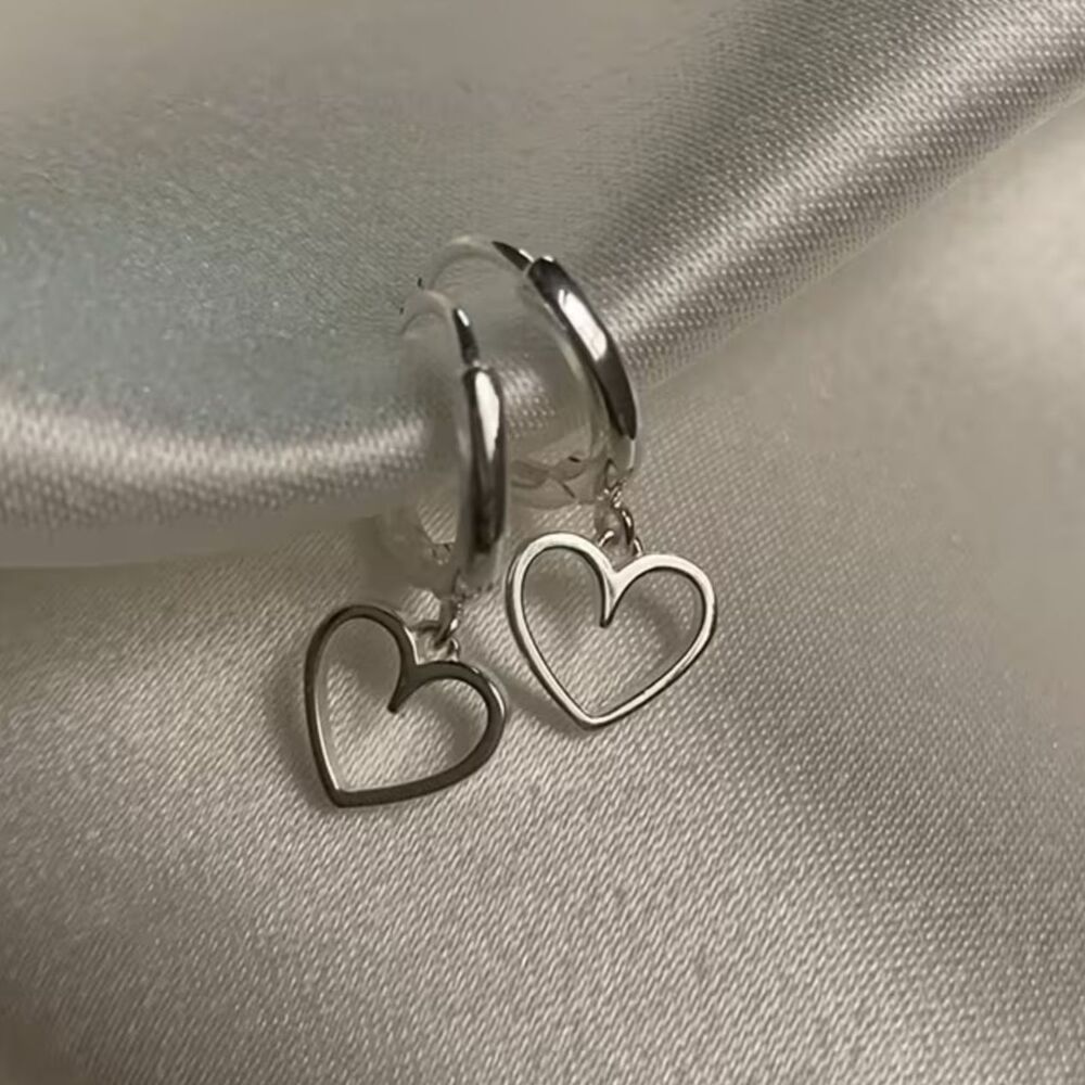 Silver Open Heart Drop Pendant Hoop Earrings Dangle Charm Everyday Lightweight